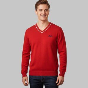 Kyungid Vtg V-Neck Men Sweater W/White Trim & Horse Carriage Logo Red  Medium